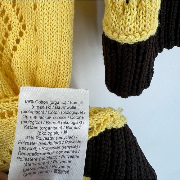 Ganni Contrast Chevron Pointelle Knit Embroidered Logo Tee Yellow Top - Picture 8 of 9